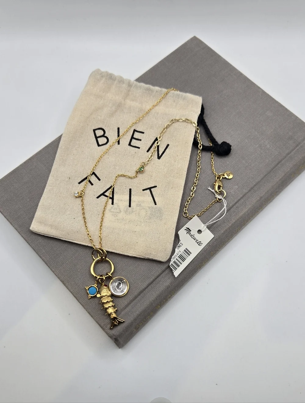 Madewell Fish Charm Necklace tiny CZ Charm Gold Dressy Vacation Aesthetic - Picture 1 of 6